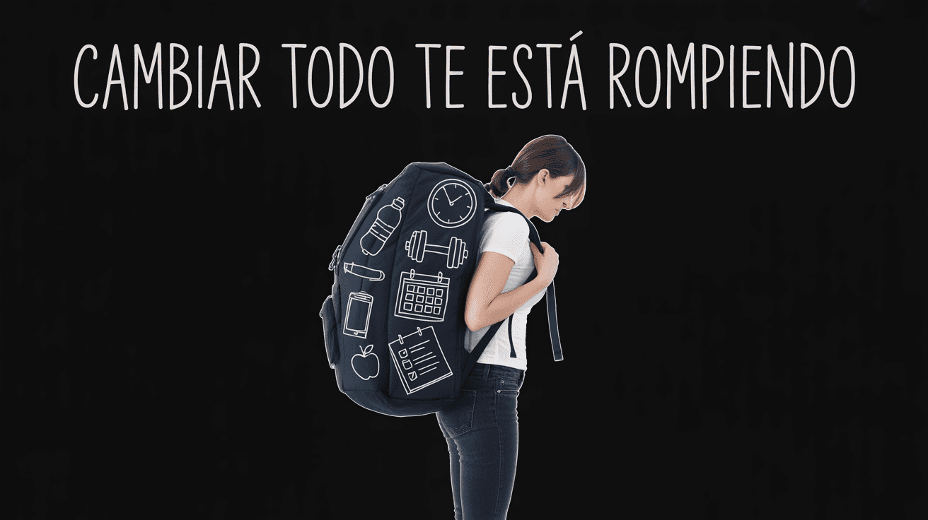 Woman bent under an oversized habit-filled backpack with Spanish burnout text on black background