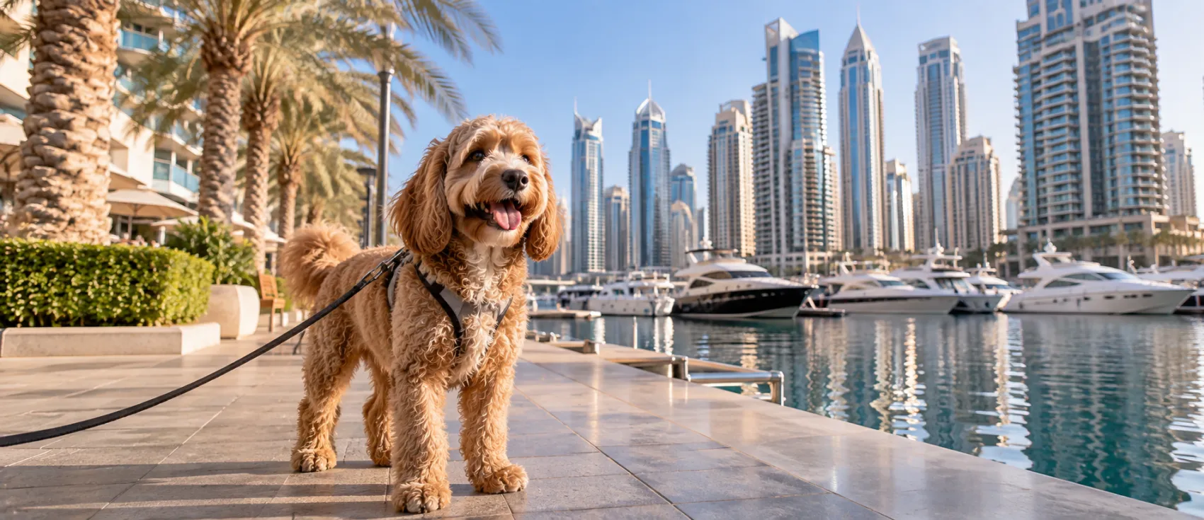 Fluffy brown poodle on a leash with the Dubai Marina skyline and yachts behind it.
