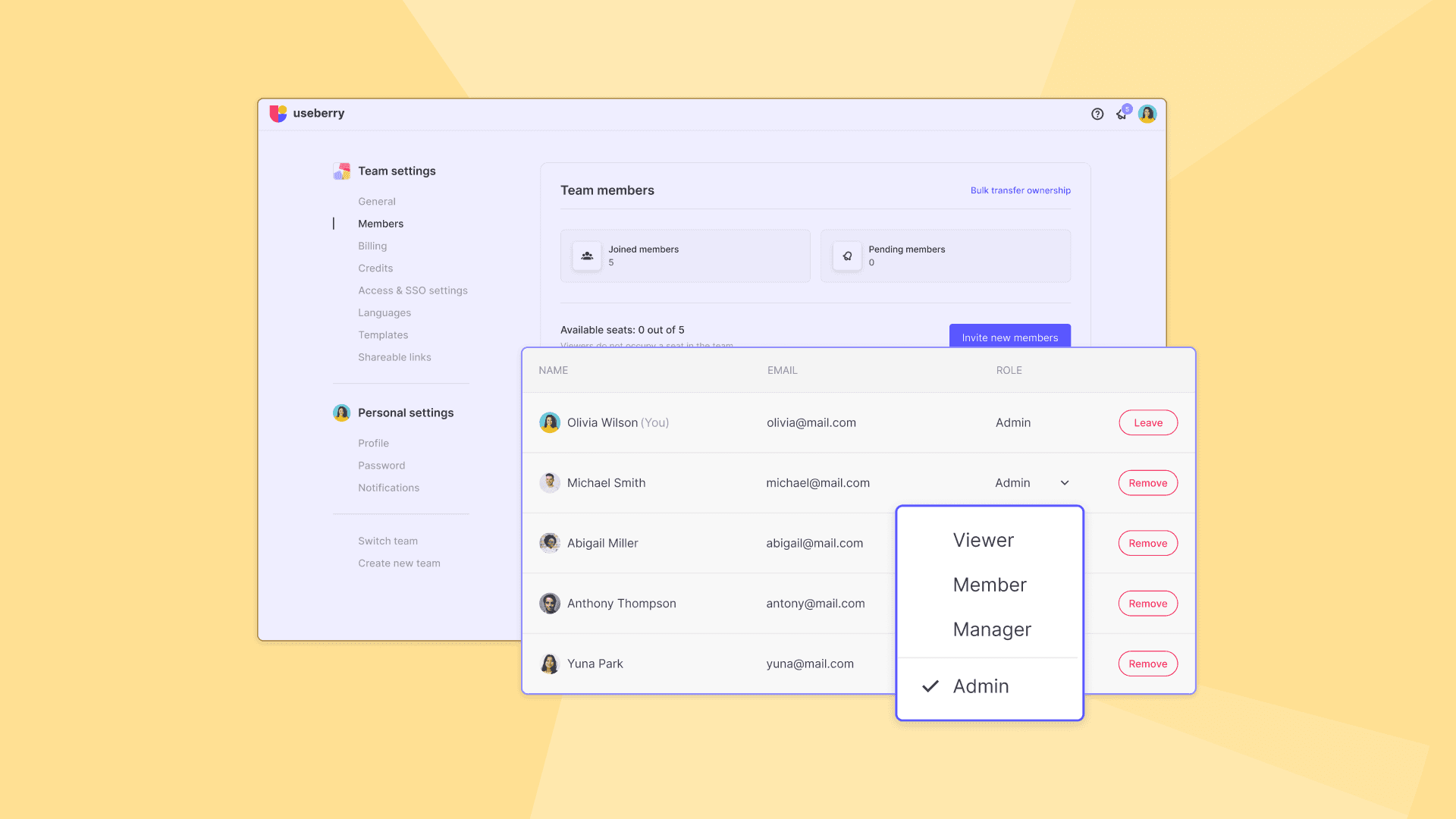 Useberry's different roles within a group - Admins, Managers, Members, and Viewers, each with distinct access levels and responsibilities.