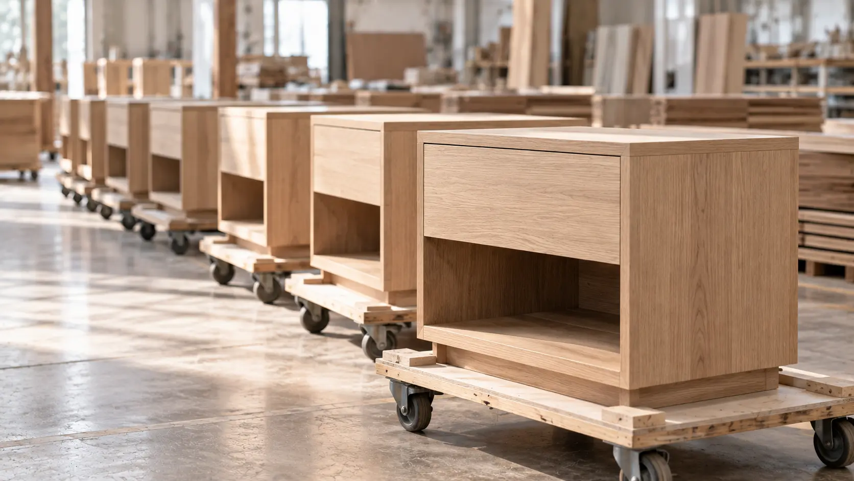 Row of identical white oak nightstands on carts on the workshop floor