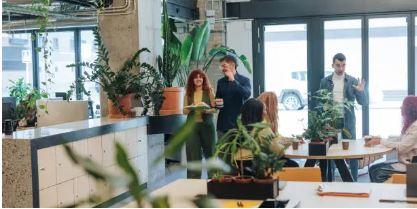 Bright Tree Health team providing personalized guidance, walking and talking with a client in an office setting.