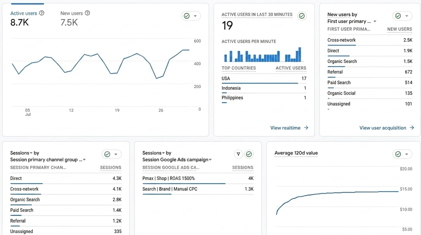 Google Analytics dashboard showing active users, traffic sources, and campaign performance