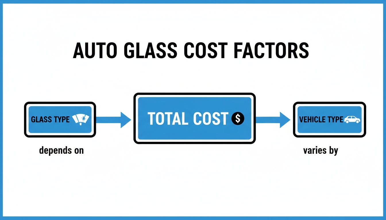 Diagram illustrating auto glass cost factors, showing glass type and vehicle type influencing total cost.