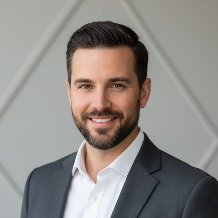 Smiling man with a beard in a dark suit and white shirt, set against a light gray, diamond-patterned background. Professional and approachable tone.