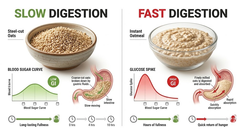 A nutritional infographic comparing the digestion of two bowls of oatmeal. On the left, steel-cut oats are labeled "Slow Digestion," featuring a smooth blood sugar curve, green GI indicator, a stomach breaking down coarse oats, and a timeline for long-lasting fullness. On the right, instant oatmeal is labeled "Fast Digestion," with a sharp glucose spike, red GI indicator, a stomach rapidly absorbing finely milled oats, and a short timeline leading to fullness. The infographic is in a modern healthcare style on a white background.