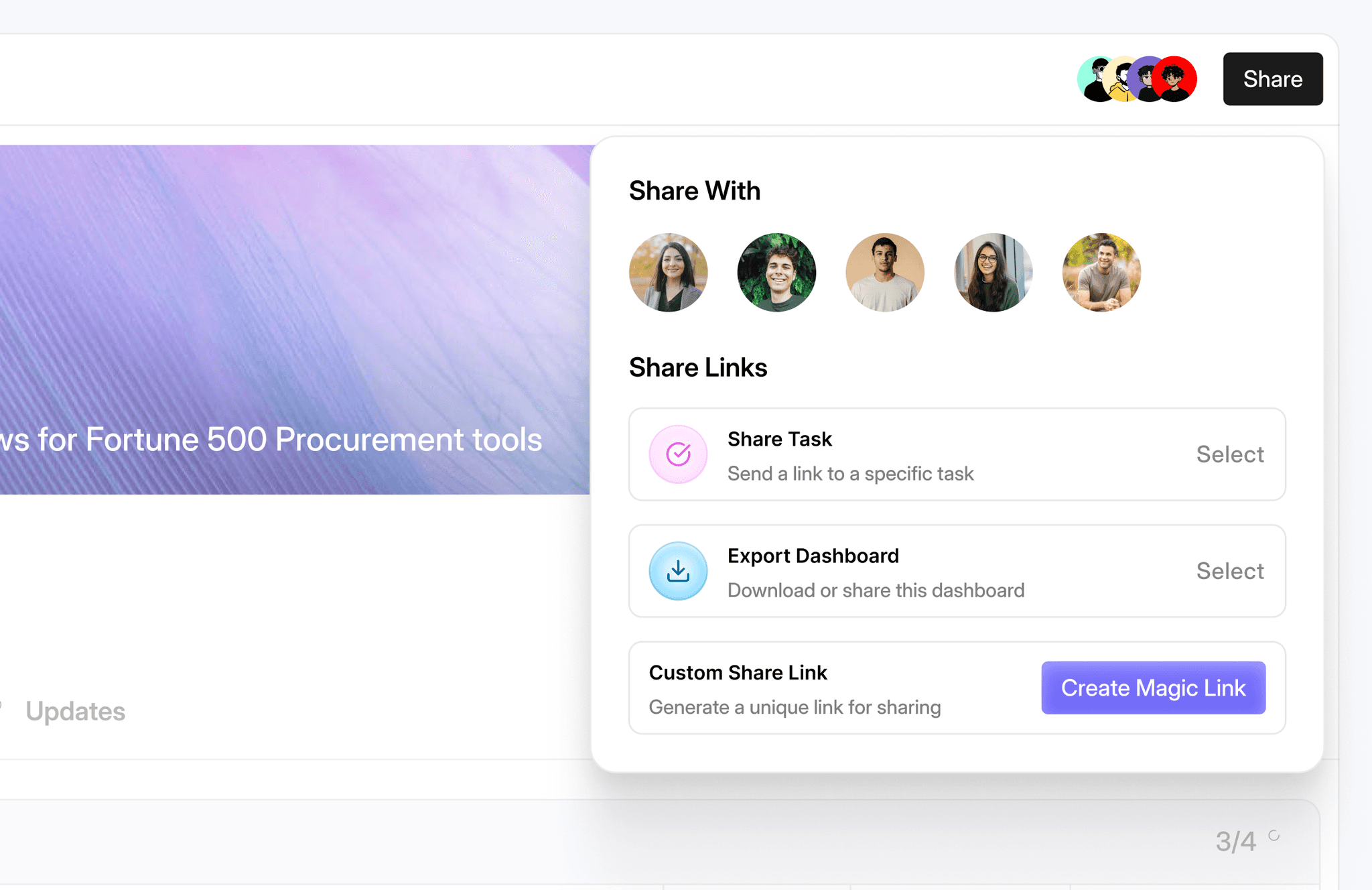 A digital interface displaying a collaborative tool featuring options to share tasks, export a dashboard, and create custom share links, alongside user avatars for streamlined team management and communication.