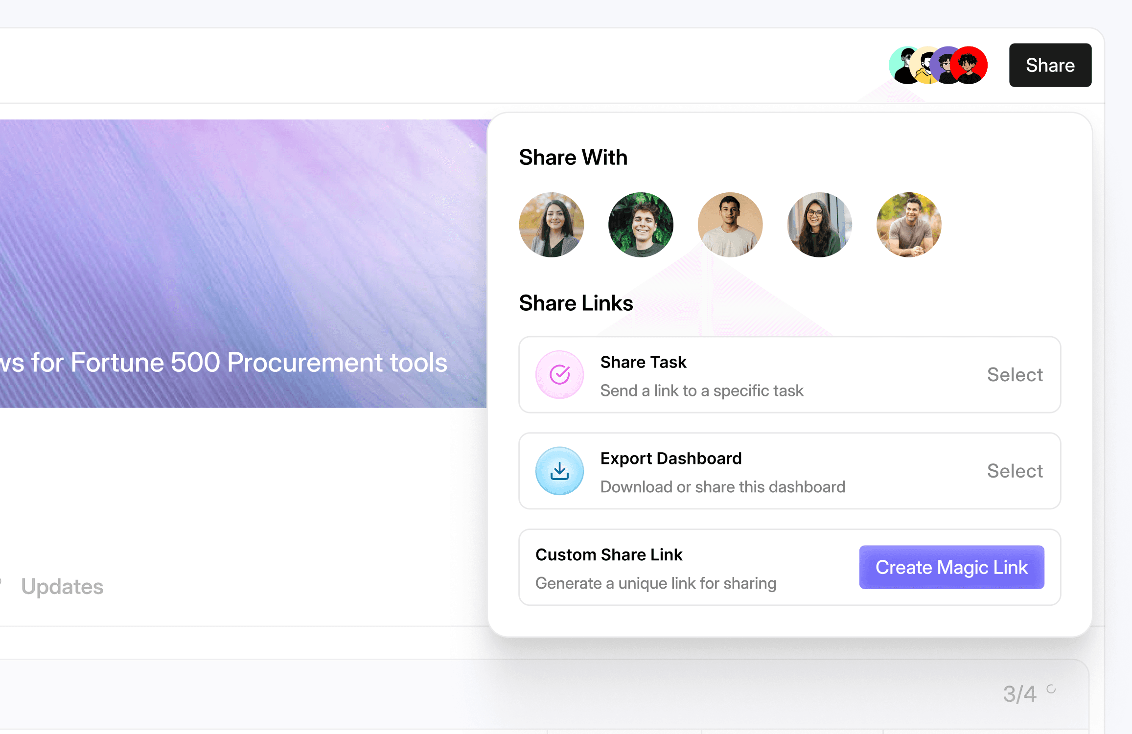 A digital interface displaying a collaborative tool featuring options to share tasks, export a dashboard, and create custom share links, alongside user avatars for streamlined team management and communication.