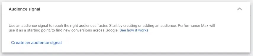 Screenshot Google Performance Max. Settings for audience signals