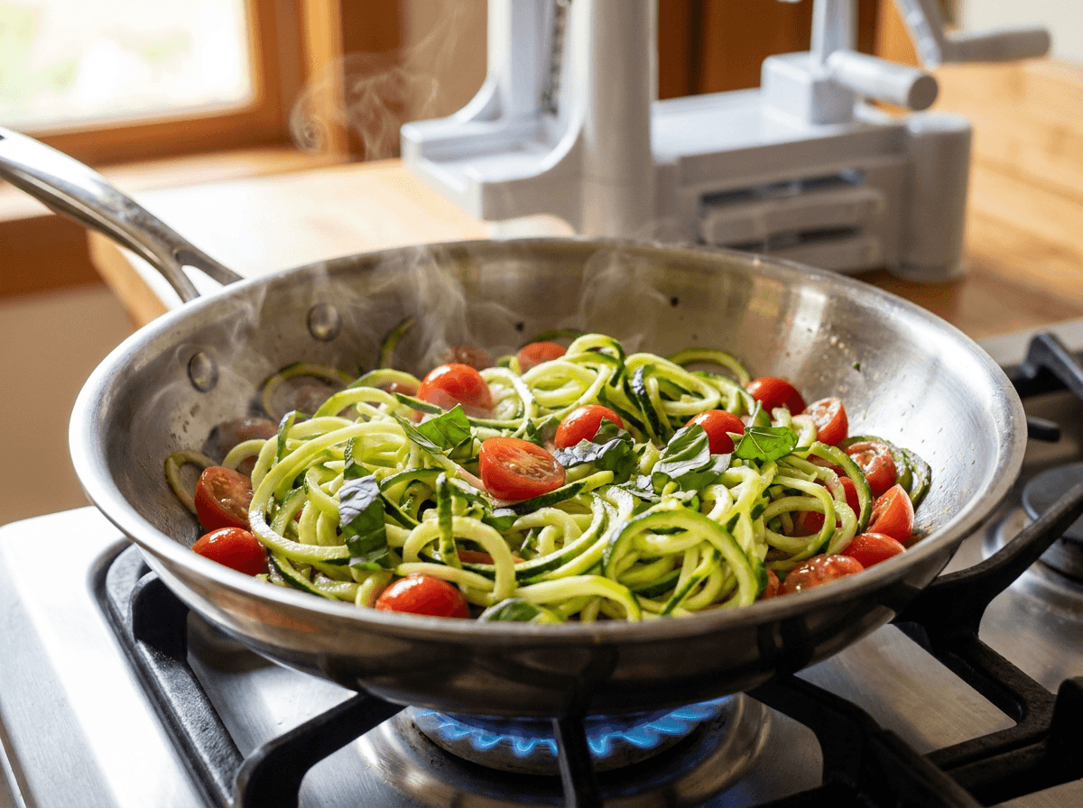 zucchini noodles with cherry tomatoes cooking in a skillet