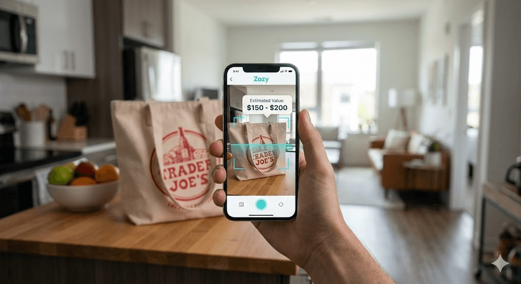 Someone scanning grocery tote bag with their phone in a kitchen.
