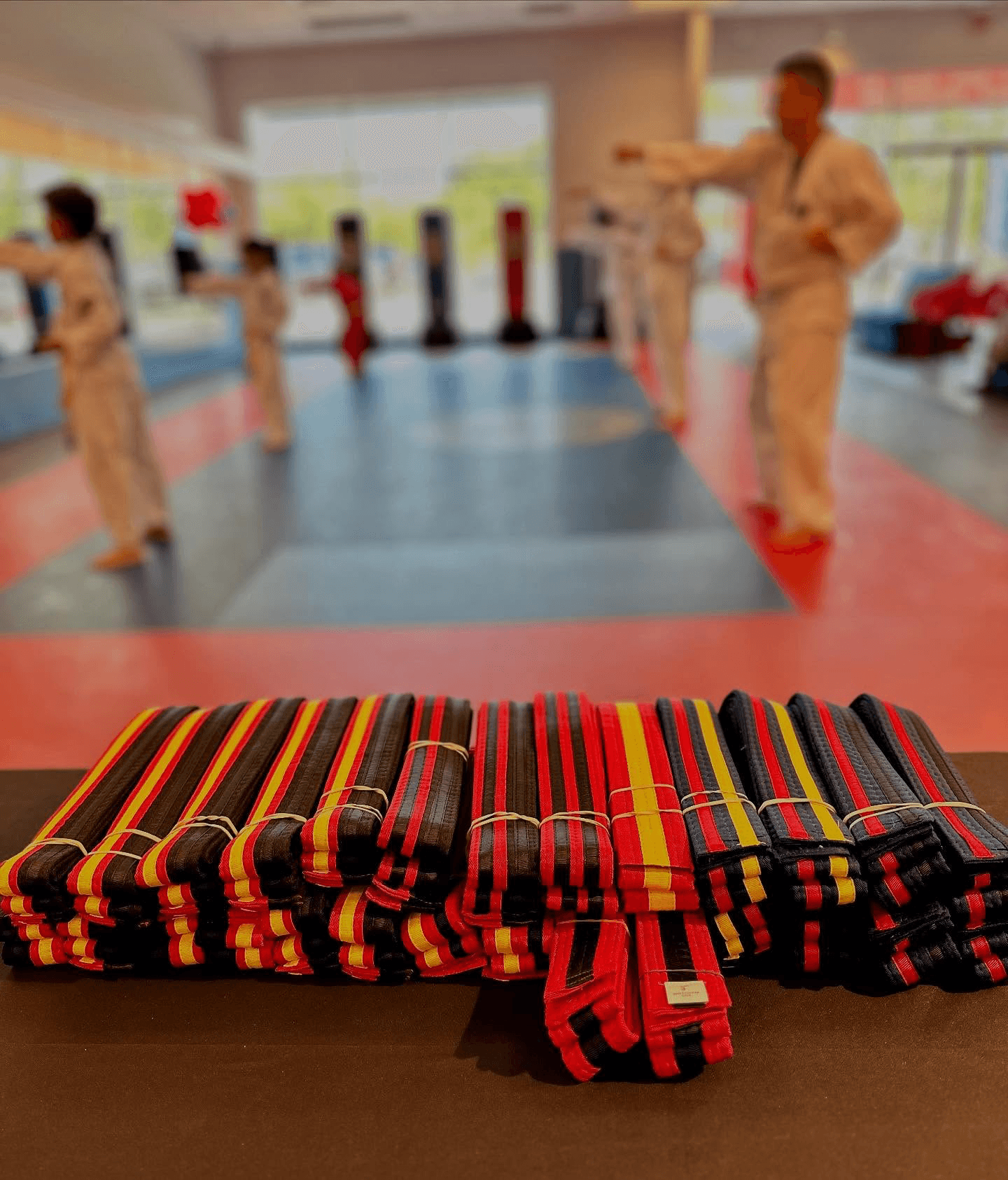 Photo of graduation belts on table in foreground with student doing forms in the background.