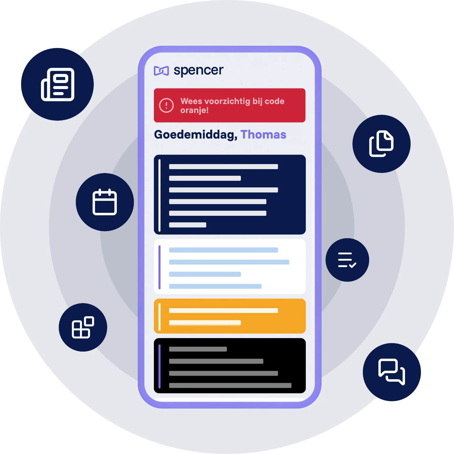 Spencer interne chat UI met berichten en overzichtelijke chatinterface op mobiel