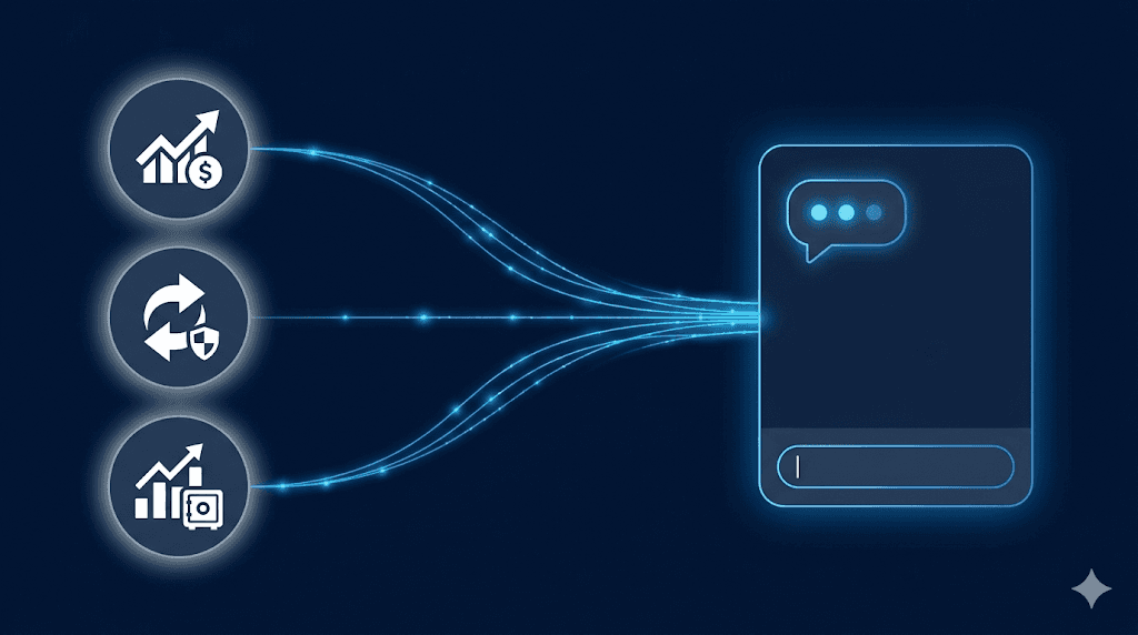 A clean dashboard interface showing financial account data flowing into an AI chat window