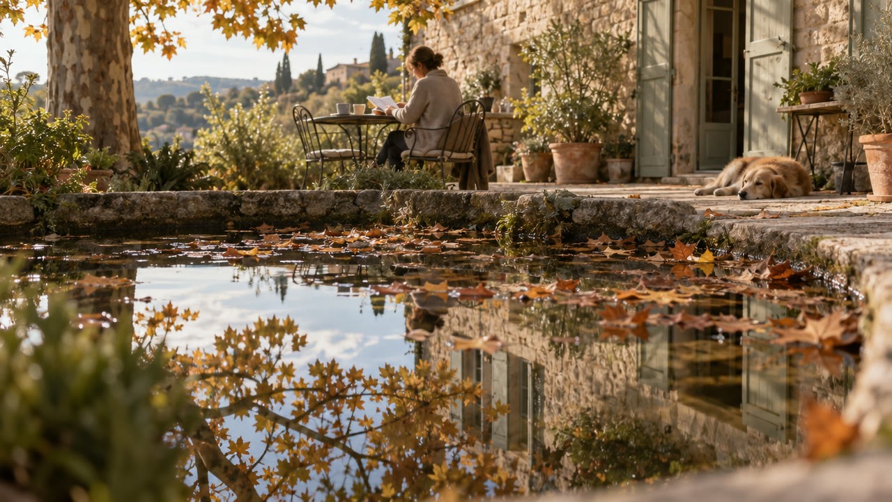 Bassin immobile reflétant le ciel, feuilles d'automne à la surface