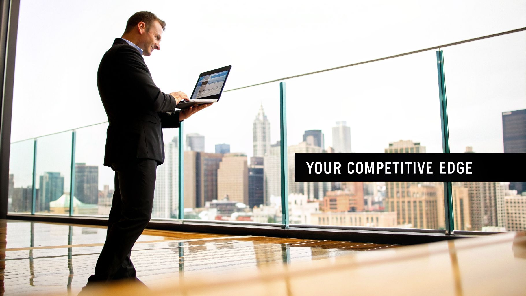 Businessman in suit using laptop by a window, overlooking a city skyline with text 'YOUR COMPETITIVE EDGE'.