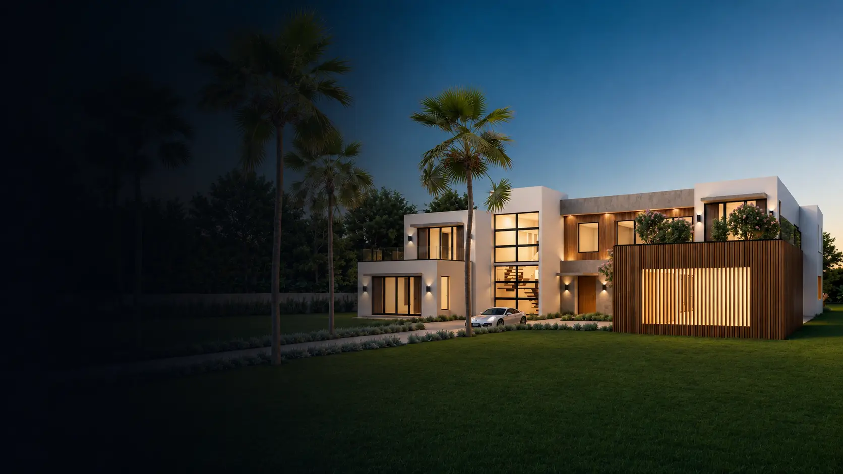 Contemporary two-story home in Kendall, Miami at dusk with white stucco and wood slat volumes, a full-height glass stair window, and palm-lined lawn