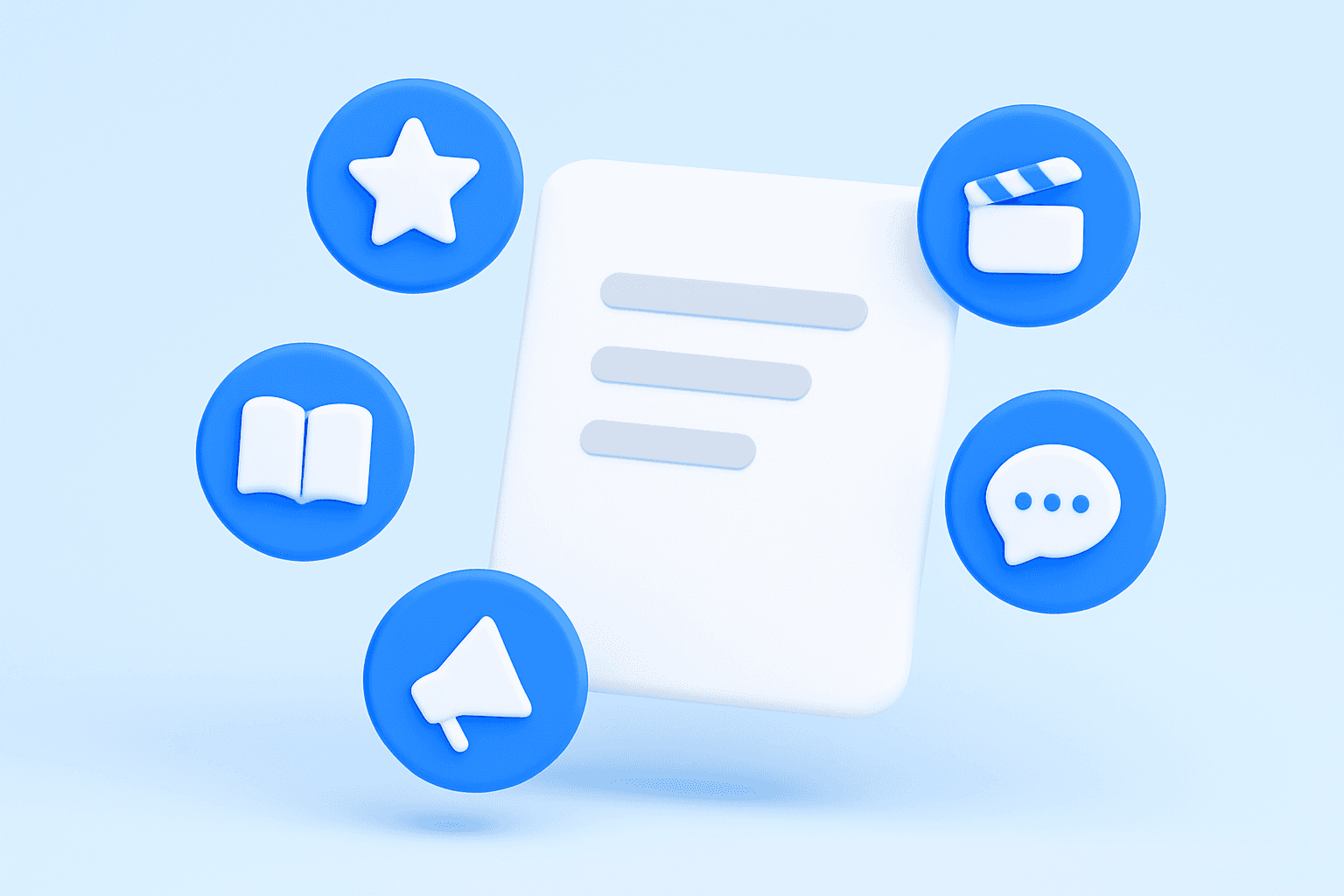 3D illustration of a floating document surrounded by five blue circular icons: star (quality), book (literary), megaphone (promo), film clapperboard (screen content), and speech bubble (dialogue or communication).