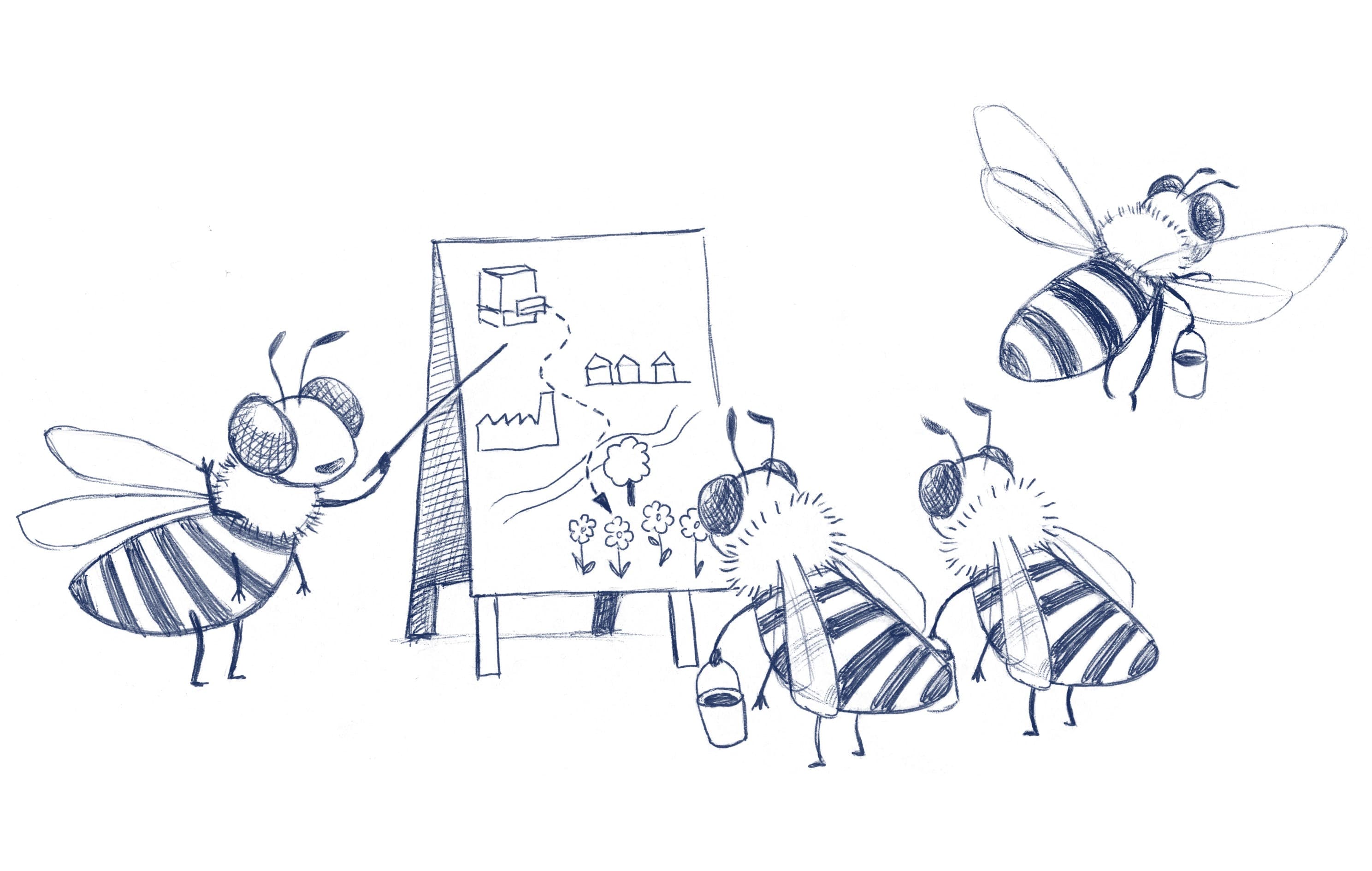 Illustration von Bienen beim Brainstorming, Konzeptpräsentation. Bienen planen eine Route zu Blüten. 