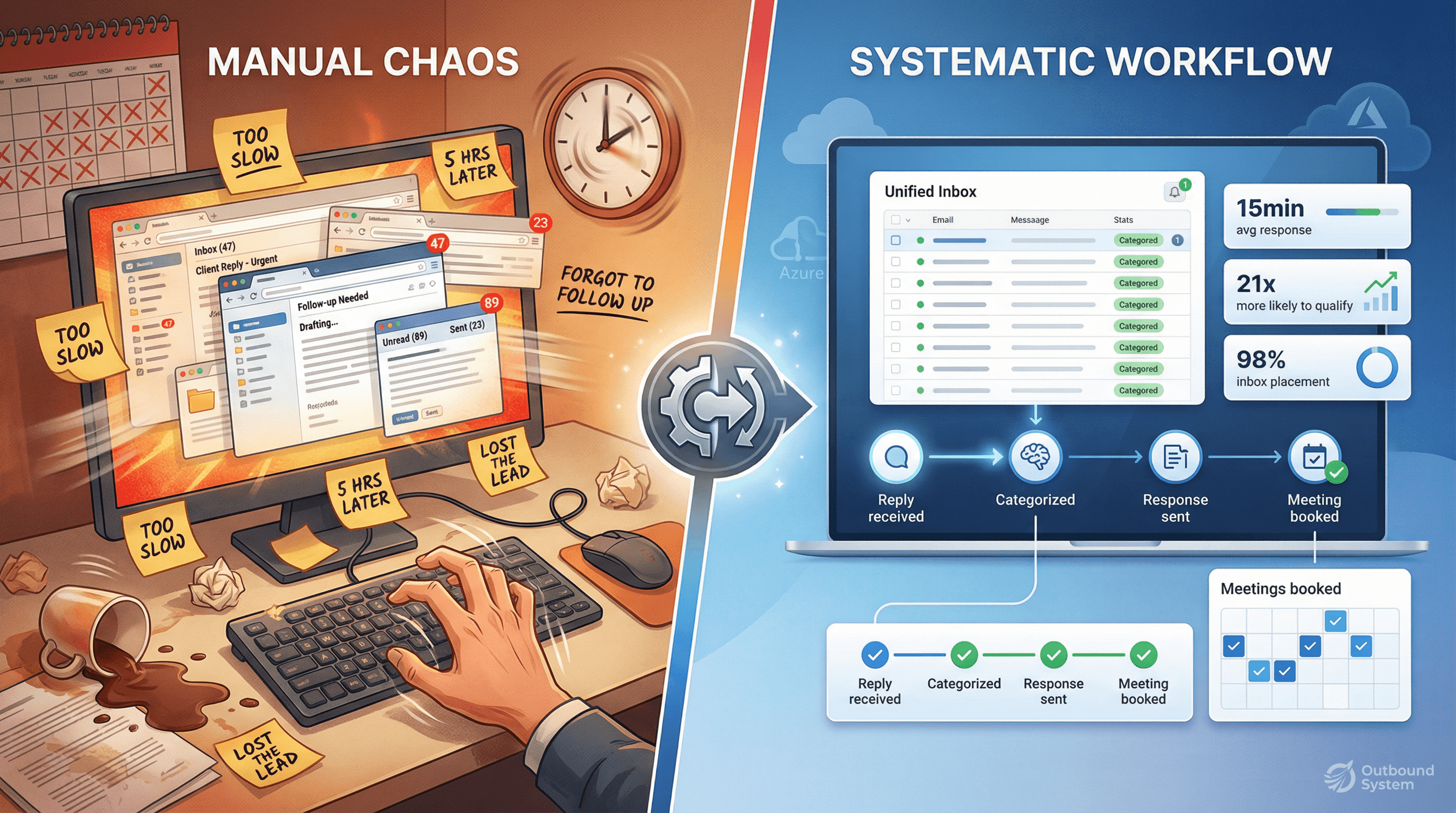 Split-panel comparison showing chaotic manual reply handling versus systematic automated workflow for cold email responses