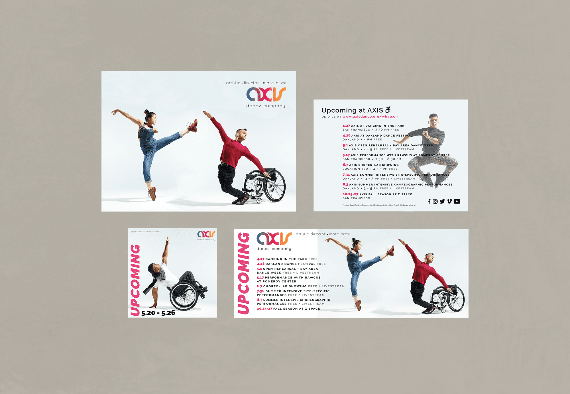 A collage of materials for AXIS' upcoming work including a postcard, a social media post, and a facebook header.