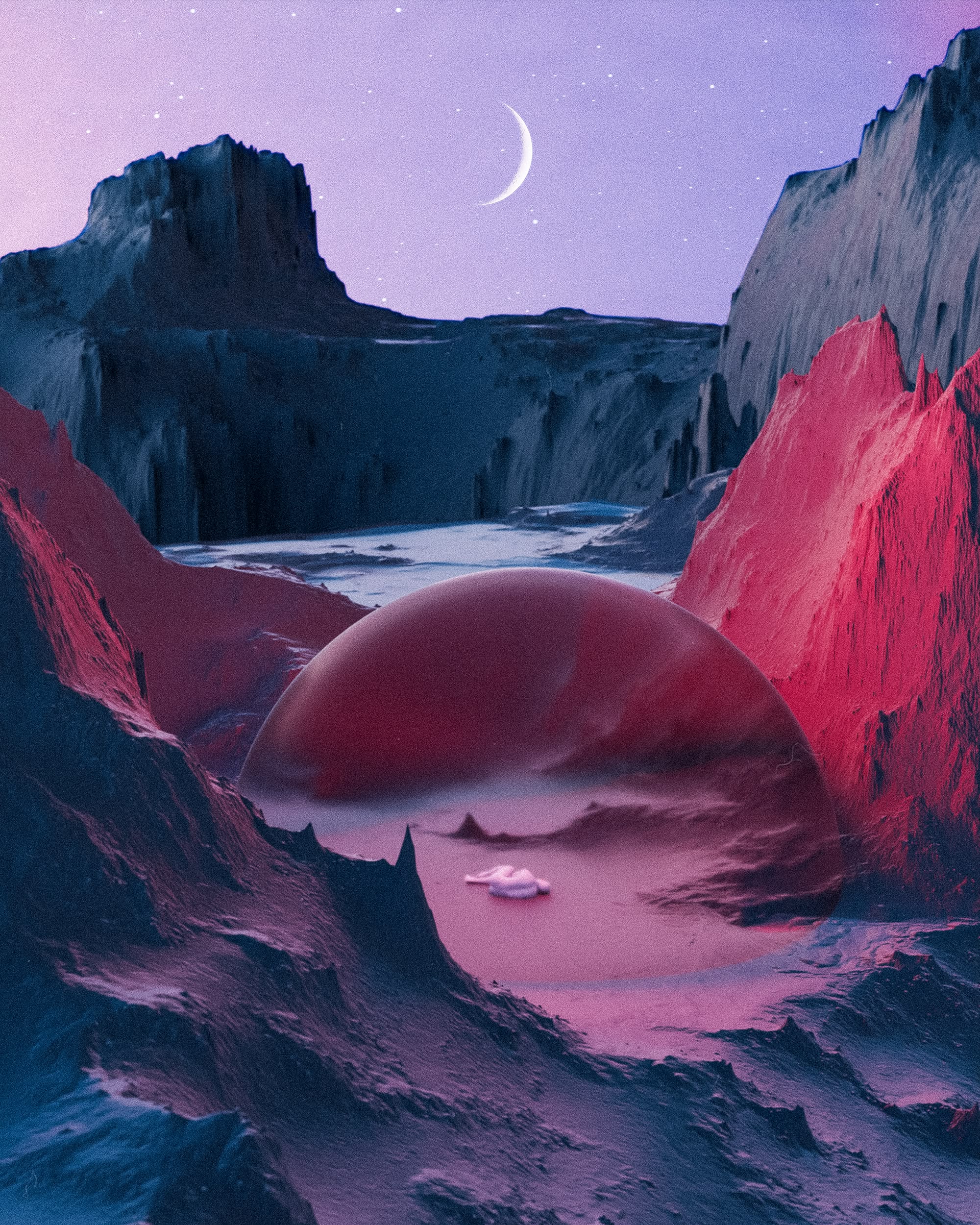 Humanoid figure lying down in foetus position in the middle of a big translucent bubble in otherworldly mountains