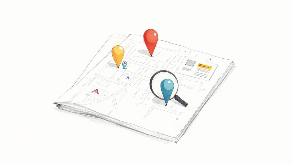 A stack of maps with colorful location pins and a magnifying glass focused on one.