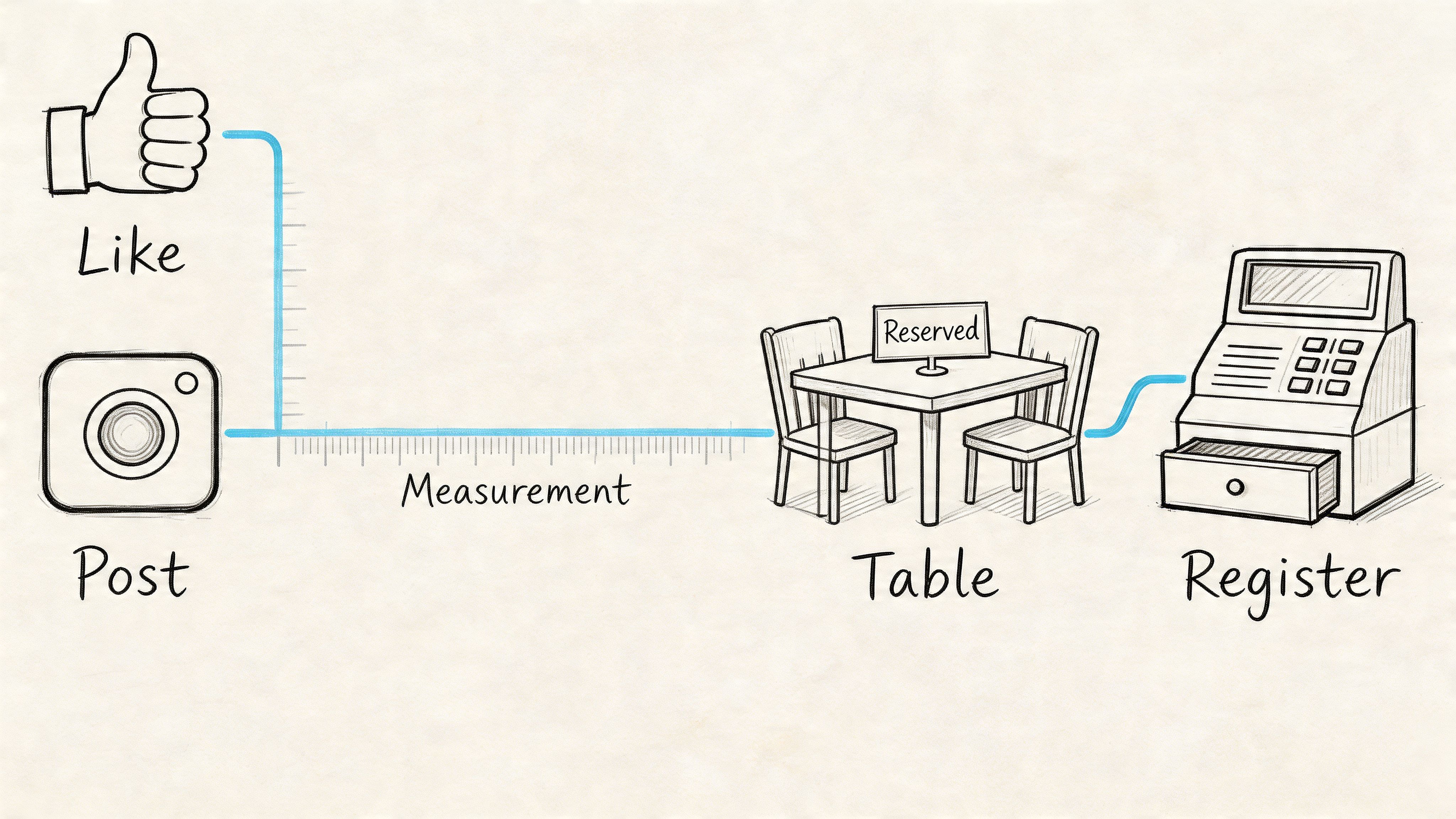 A conceptual sketch showing a social media post leading to a reserved dining table and register.