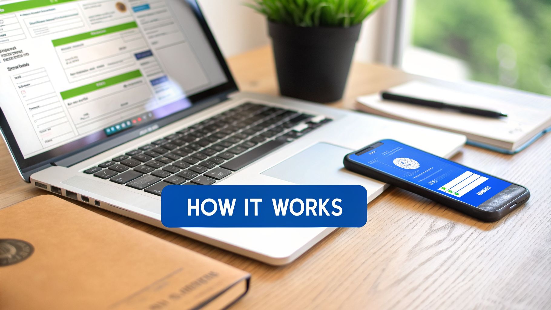 A modern workspace with a laptop, smartphone, and a 'HOW IT WORKS' banner on a wooden desk.