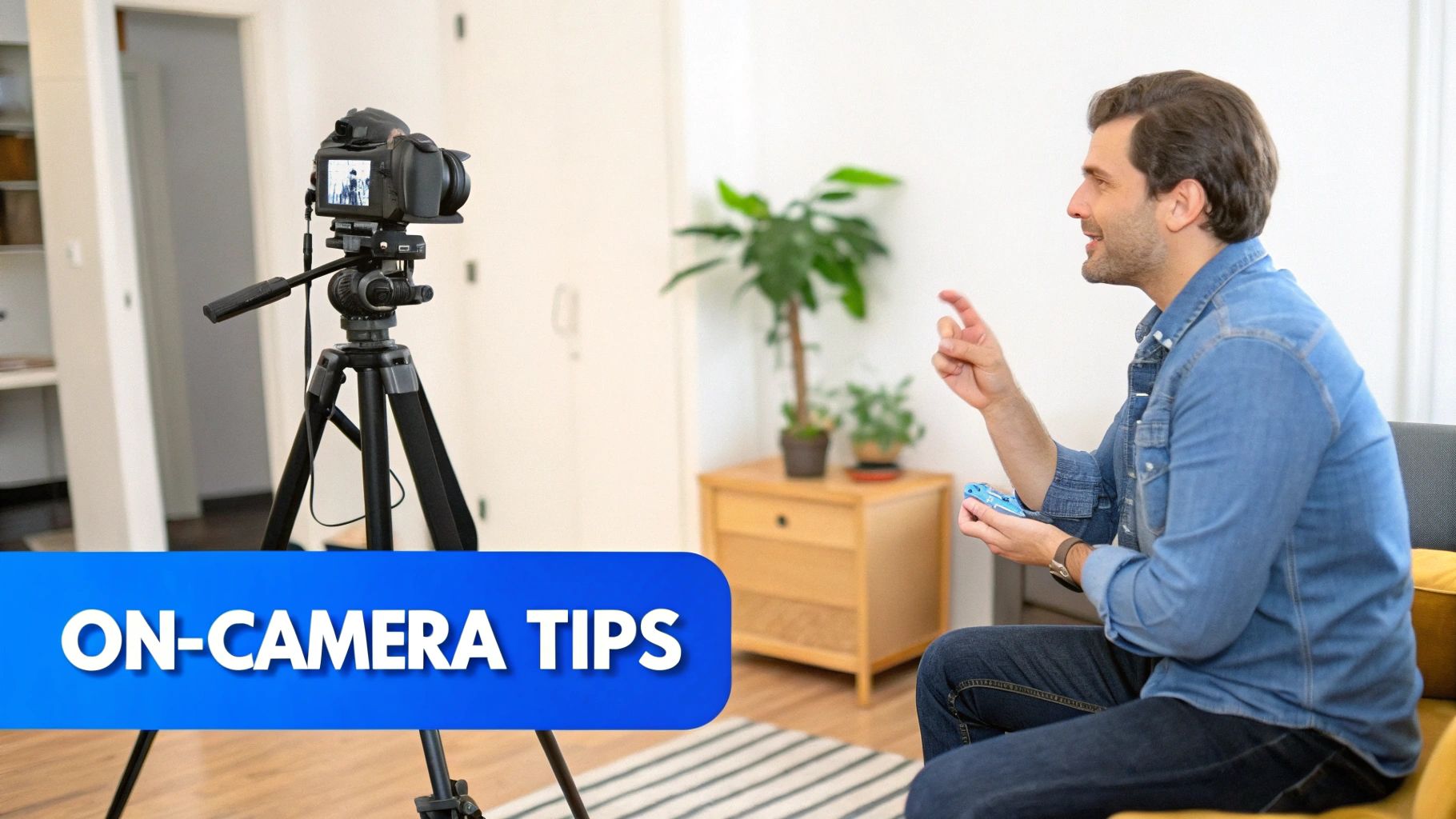 A person sitting in front of a camera and microphone, recording a YouTube video