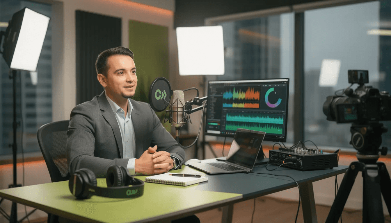 Un professionnel en affaires enregistre un podcast vidéo dans un studio moderne, baigné dans une lumière professionnelle, illustrant l'importance de la création de contenu pour le marketing de contenu et le développement de la marque personnelle. Les couleurs lime et orange vif ajoutent une touche dynamique à cette scène d'engagement et de communication.