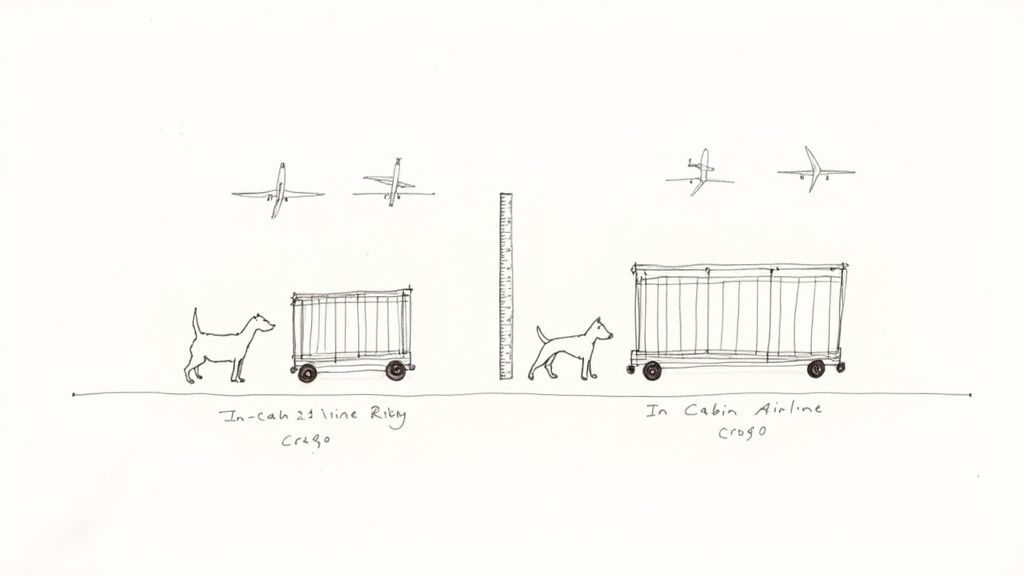 Hand-drawn comparison of dogs and their carriers for 'in-cab' and 'in cabin airline' pet travel.