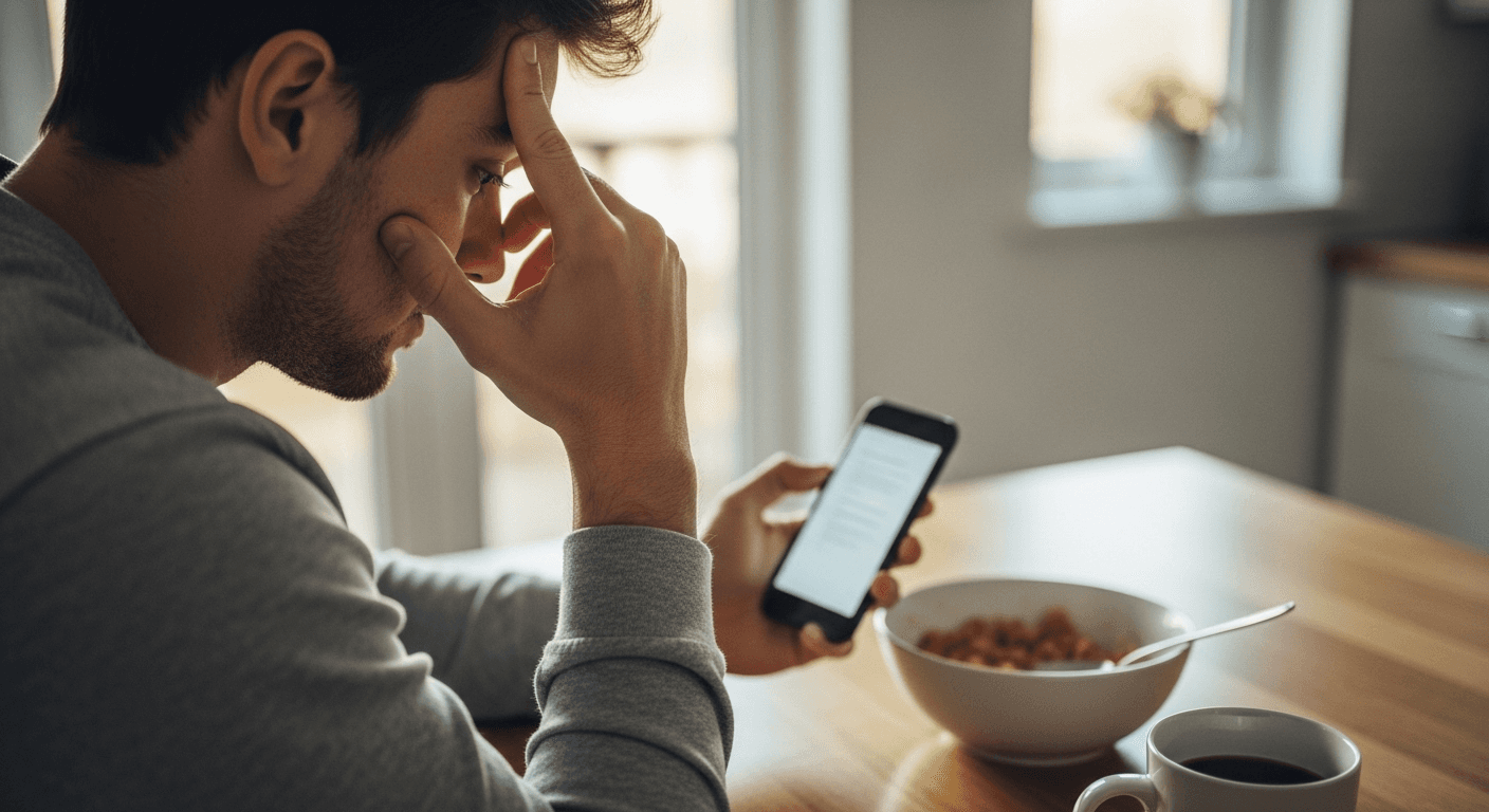 A young man at his kitchen counter checking a busy group chat on his phone while trying to coordinate plans