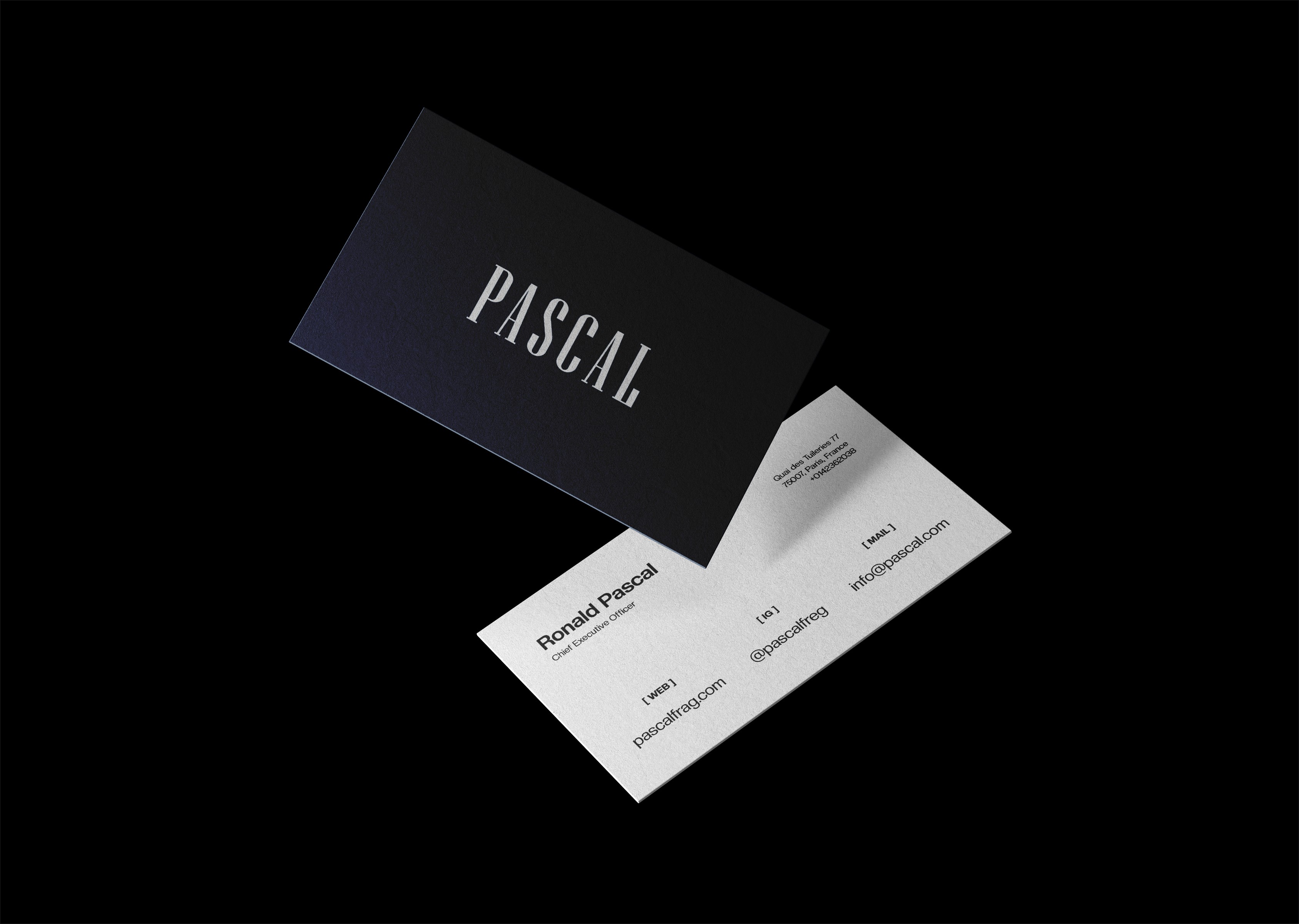 Pascal Cosmetic Company Floating Business Cards, Business Card Front. Business Card Back, Black Background