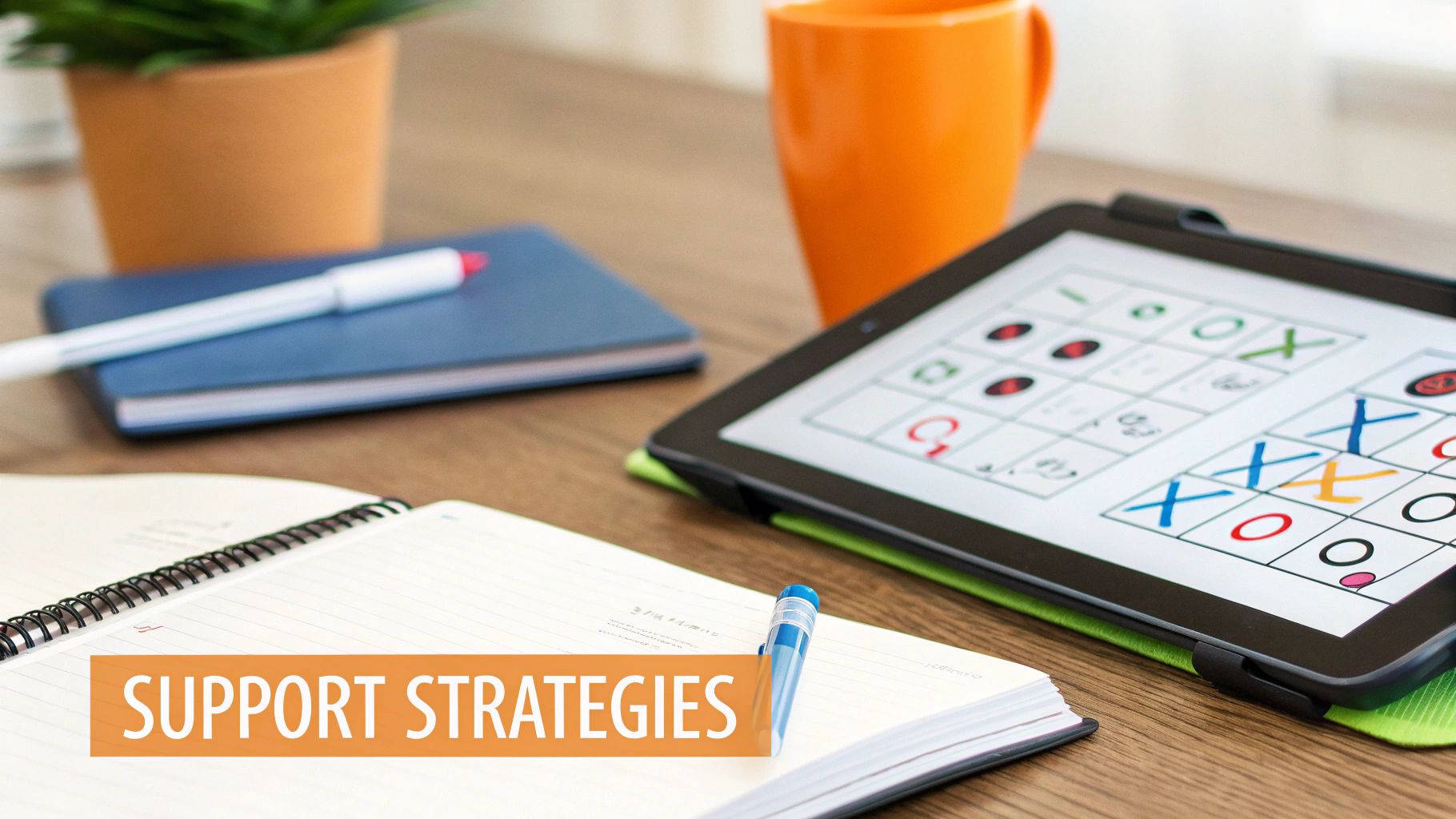 A modern desk setup with a tablet displaying a game, notebooks, and a pen, featuring 'SUPPORT STRATEGIES'.