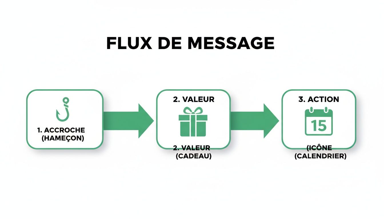Diagramme illustrant le flux d'un message efficace : Accroche (hameçon), Valeur (cadeau), Action (calendrier).