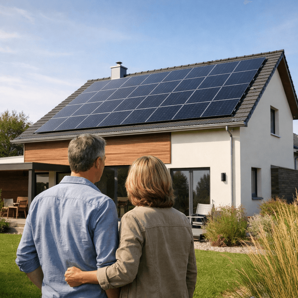 Photo d'un couple devant leur maison qui regarde les panneaux solaires. Investir dans le solaire est rentable dès le premier mois