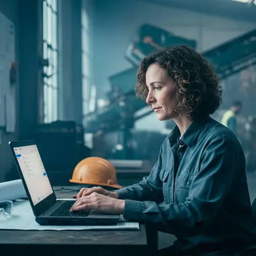Engineer working on a laptop in an industrial workspace with safety equipment and machinery in the background.