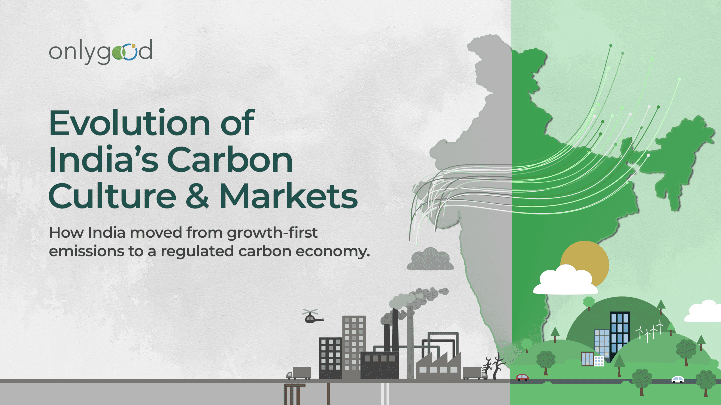 Graphic illustrating the evolution of India’s carbon market from industrial emissions growth to regulated carbon governance and trading systems.