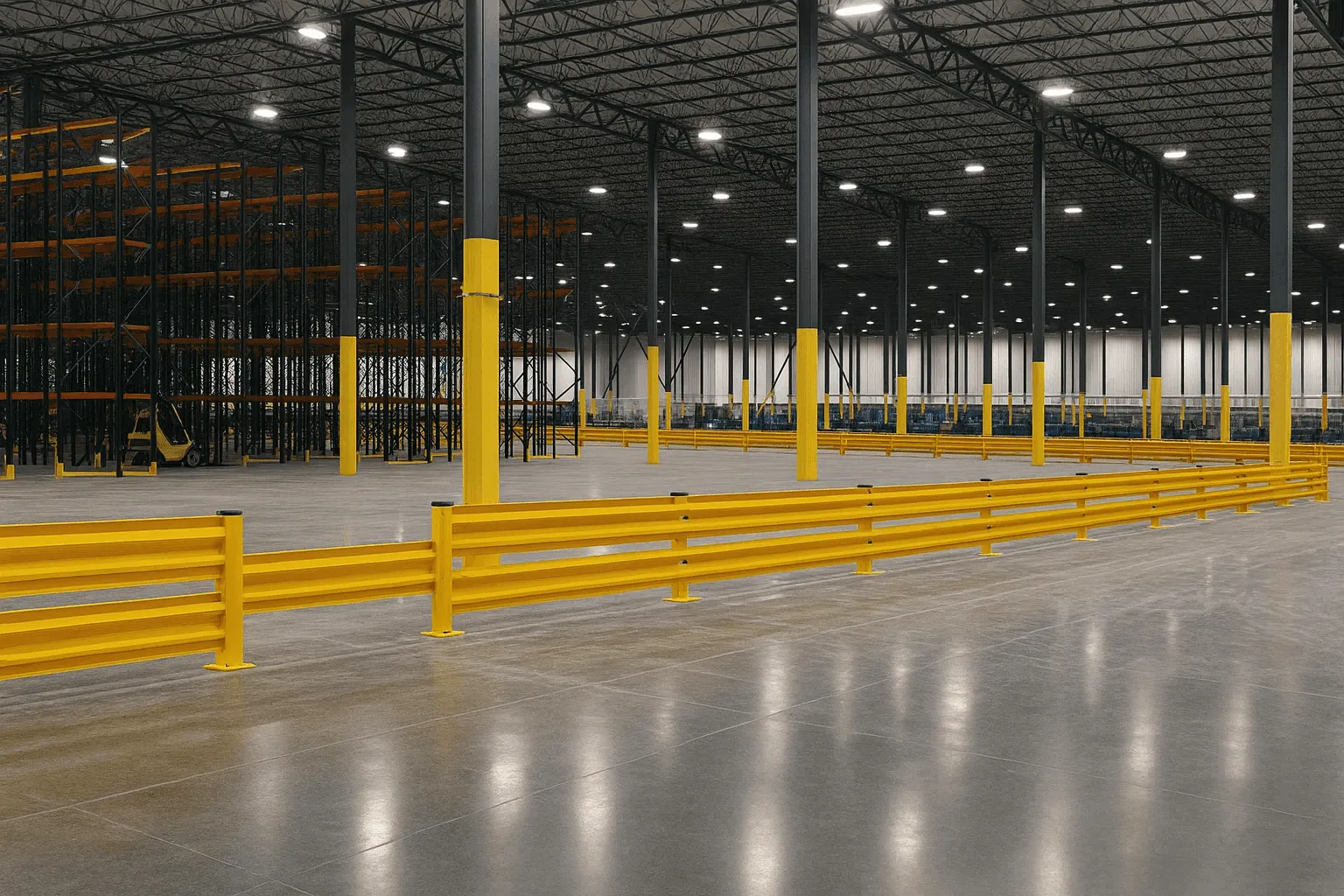 A spacious industrial warehouse interior with bright lighting, yellow support posts, and polished concrete flooring.