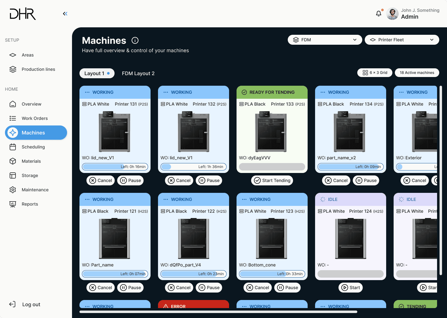 screenshot of unified 3d print farm management software by dhr engineering, real time printer progress tab