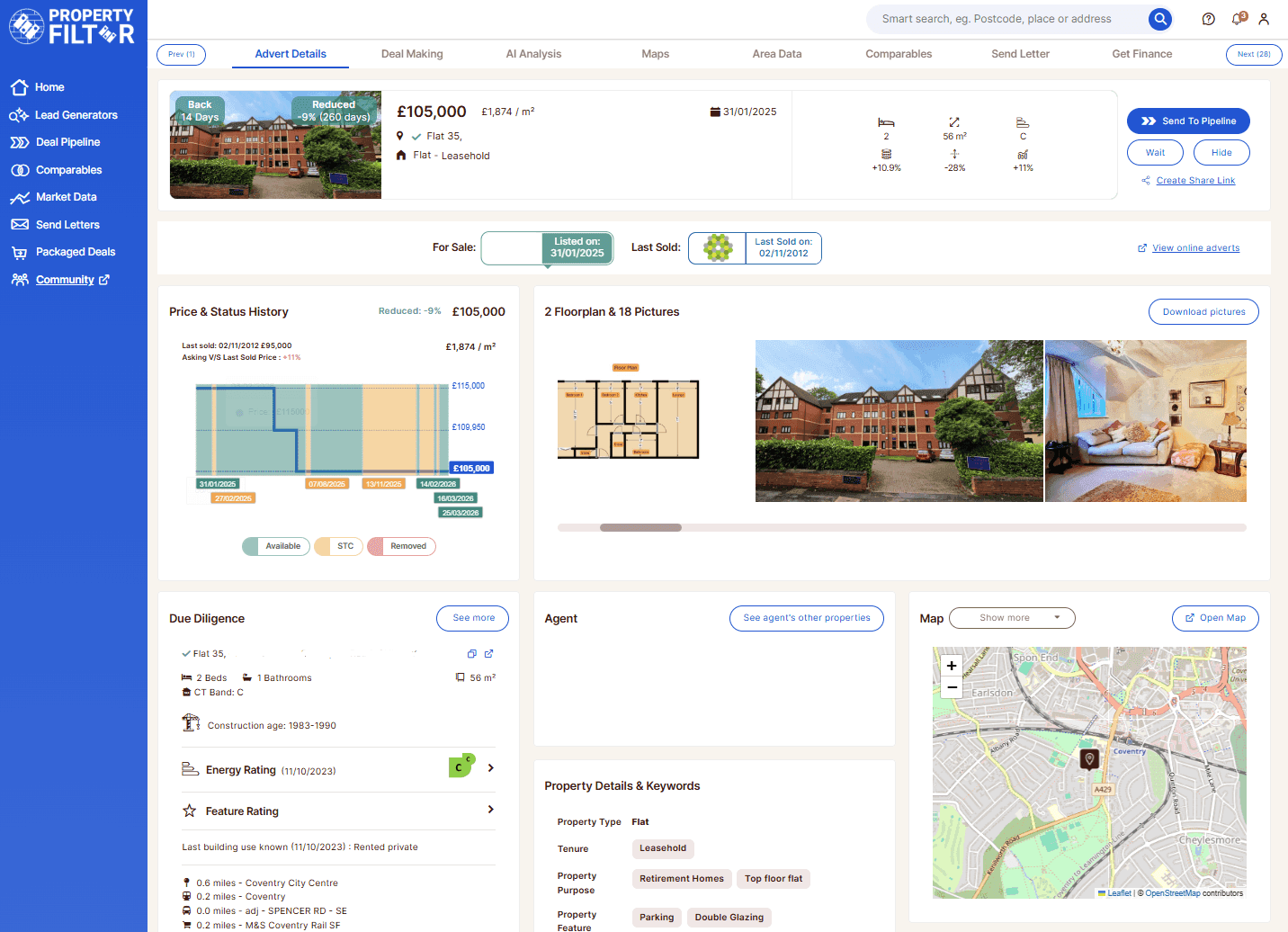 Real estate listing interface showing property details, price history graph, floor plan, photos, and map. Blue sidebar with navigation links on the left.
