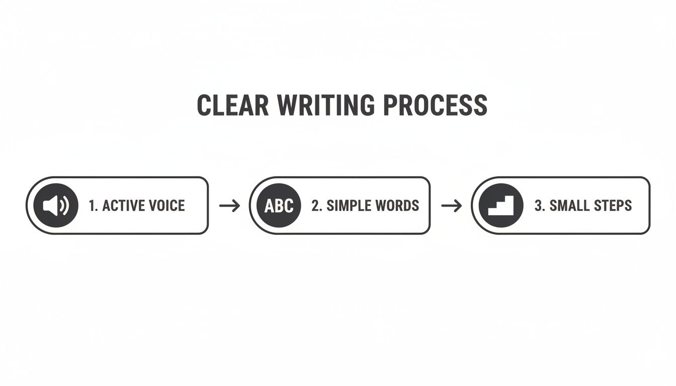 A diagram illustrating a clear writing process with three steps: active voice, simple words, and small steps.