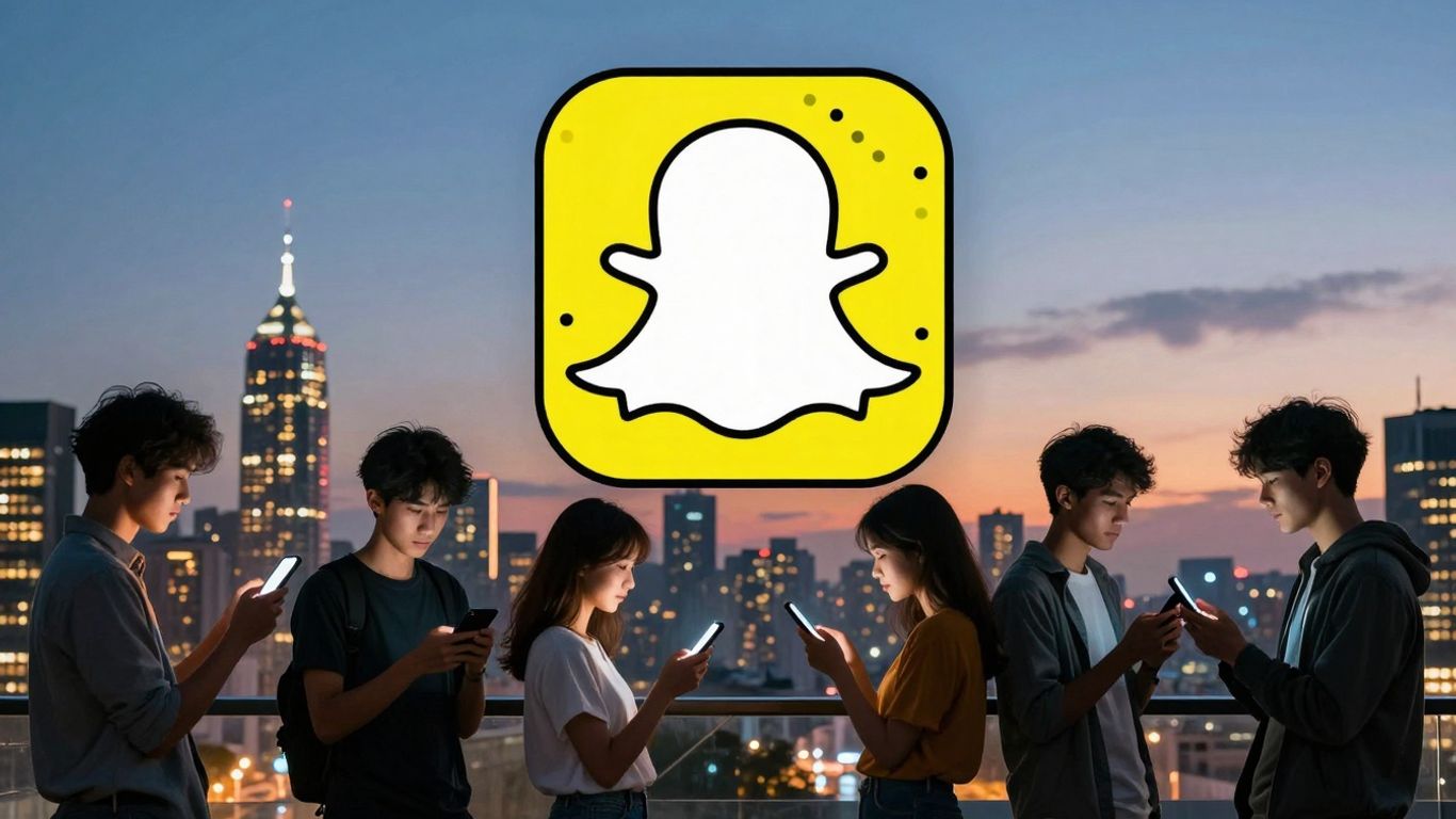 Snapchat logo above city with people using phones.
