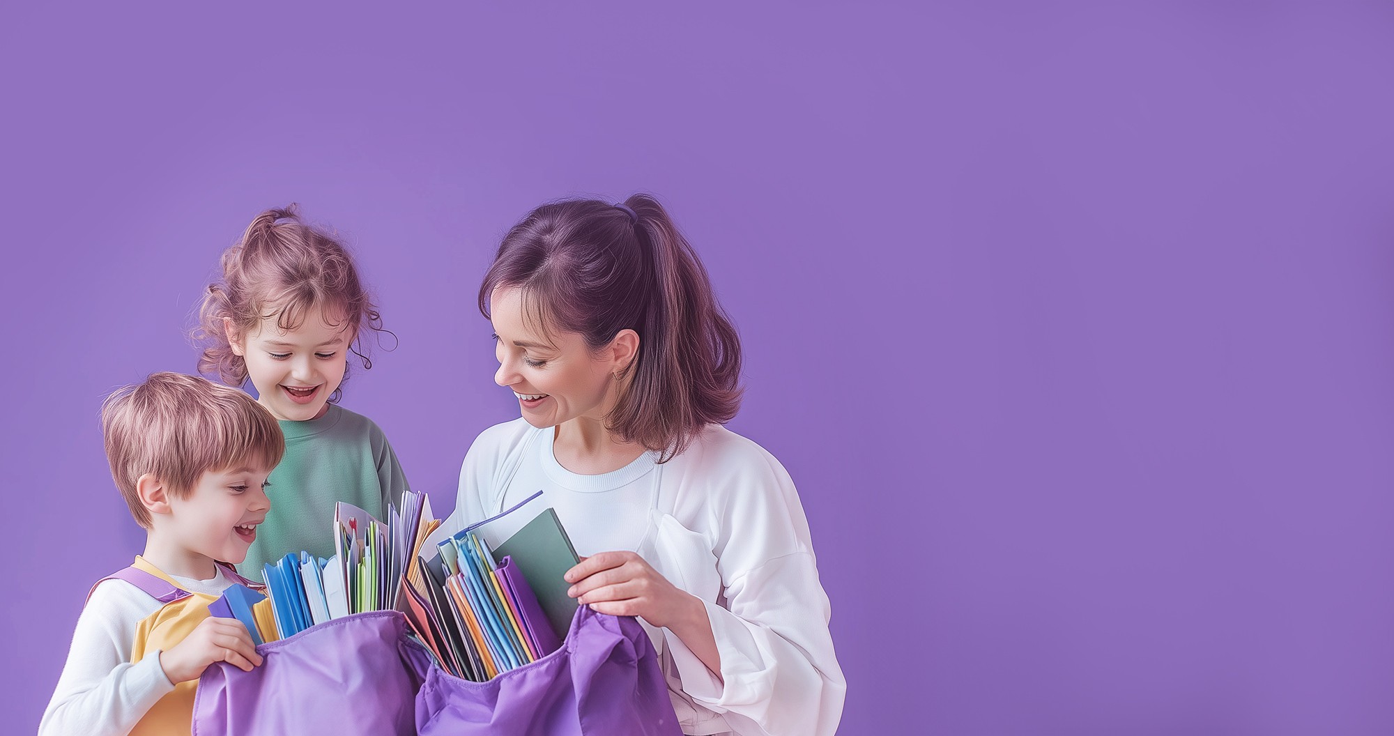 Mother and her two daughters are unpacking the groceries