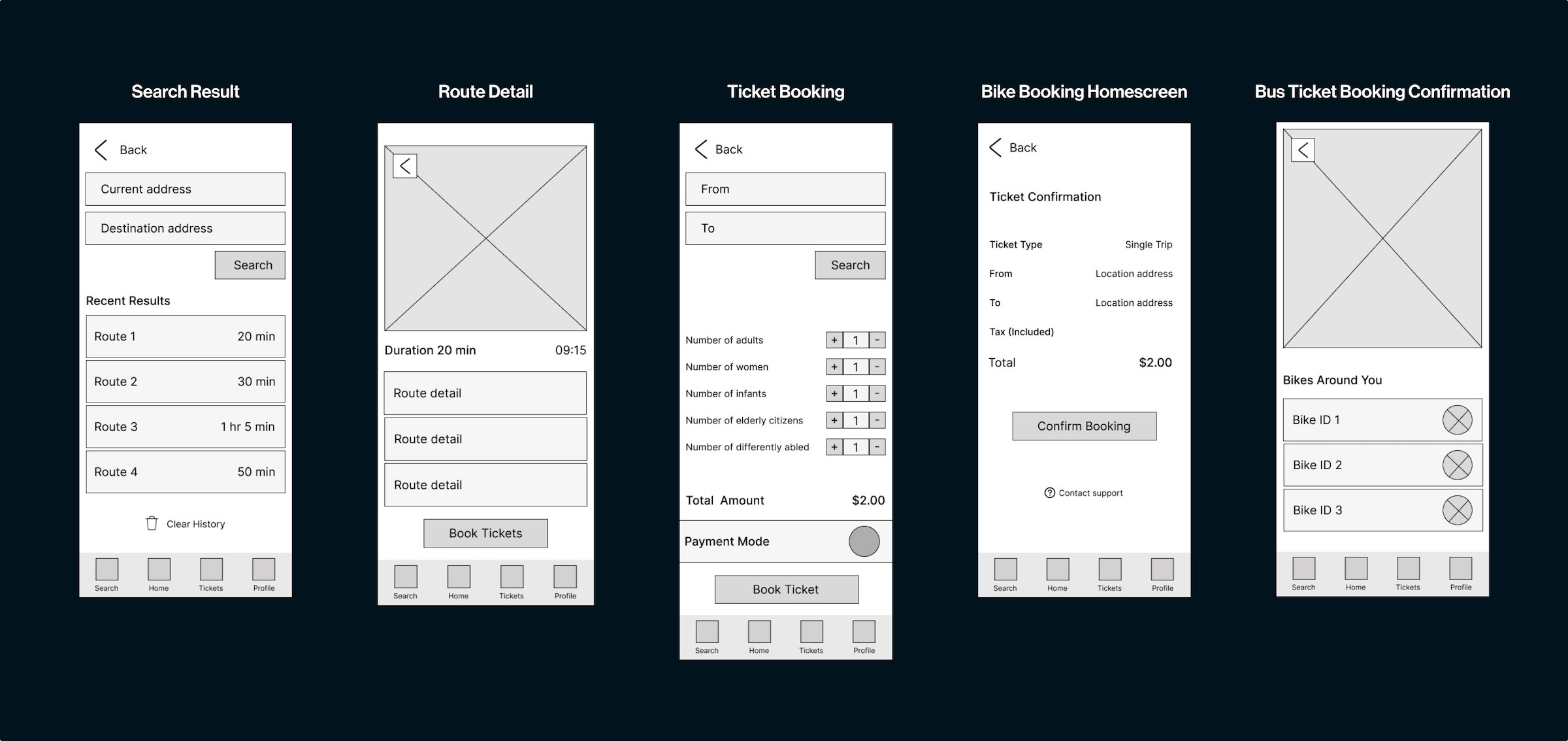 Low fidelity wireframes of the app interface