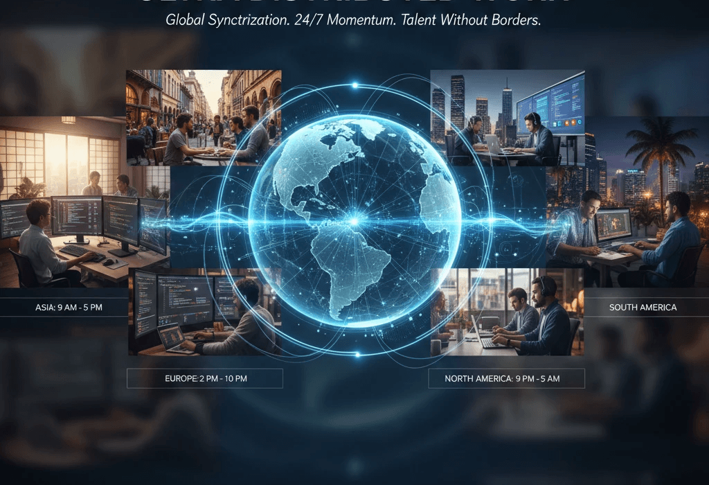 A digital globe connects remote workers in multiple time zones for 24/7 global collaboration.Retry