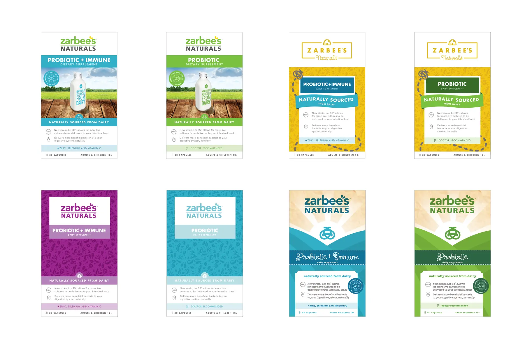 Packaging design comparison for Zarbee's Naturals Probiotic and Probiotic+Immune supplements — eight variations across four distinct visual directions including photography-led, geometric, typographic, and illustrated craft-style approaches, each exploring different brand expressions.