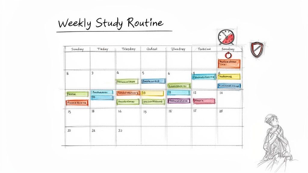 A hand-drawn calendar titled 'Weekly Study Routine' with colored blocks detailing various study tasks and activities.