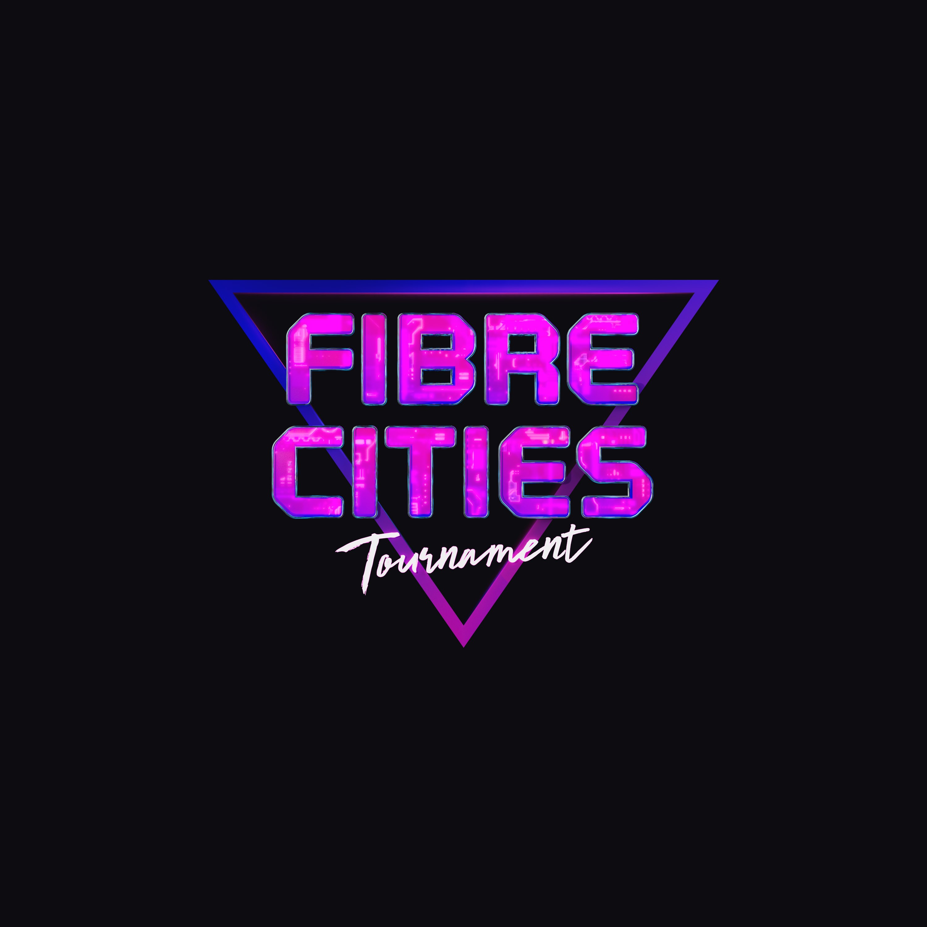 FIBRE CITIES Tournament logo in neon purple text with a digital, cyberpunk style