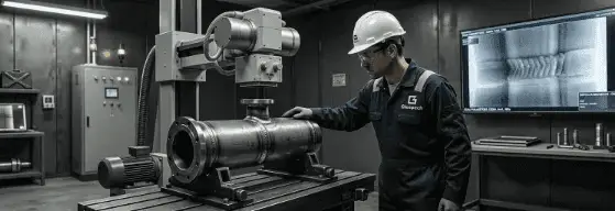 Glospech technician positioning welded steel component under X-ray tube in controlled radiography bay at Duncanville facility, Vereeniging